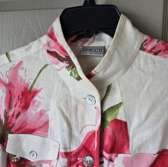 Chico's Floral 100% Linen Shirt Pink Green Long Sleeve ButtonUp Coastal - Picture 9 of 14